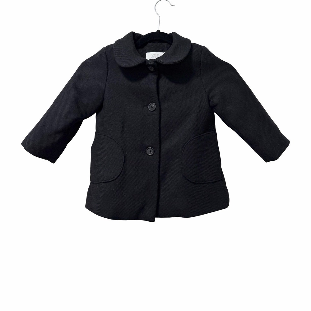 ZARA Wool Blend Button Front Pea Coat Girls Size 3/4Y Black Heavyweight Winter